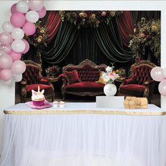 Lofaris Toile de fond velours rouge et vert, décor baroque avec fleurs luxuriantes, pour fête élégante