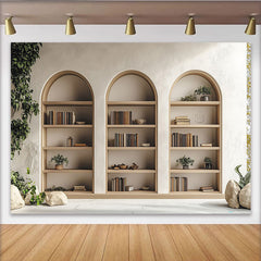 Lofaris Toile de fond bibliothèque arches en bois, livres et plantes, pour studio photo, événements littéraires et rustiques