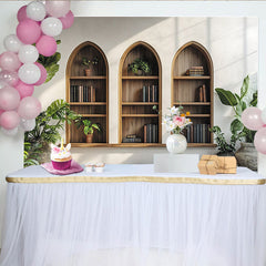Lofaris Toile de fond bibliothèque rustique avec arches en bois et plantes, pour studio photo et décor intérieur