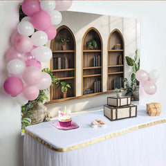 Lofaris Toile de fond bibliothèque rustique avec arches en bois et plantes, pour studio photo et décor intérieur