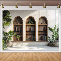 Lofaris Toile de fond bibliothèque rustique avec arches en bois et plantes, pour studio photo et décor intérieur