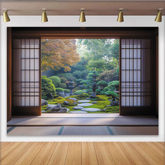 Lofaris Toile de fond jardin japonais zen, avec shoji et pierres, pour une ambiance naturelle et sereine, pour studio.