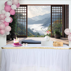 Lofaris Toile de fond paysage montagneux brumeux, fenêtre japonaise zen pour méditation et relaxation