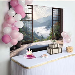 Lofaris Toile de fond paysage montagneux brumeux, fenêtre japonaise zen pour méditation et relaxation