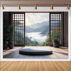 Lofaris Toile de fond paysage montagneux brumeux, fenêtre japonaise zen pour méditation et relaxation