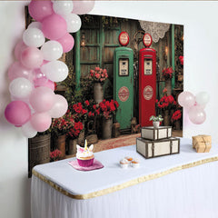 Lofaris Toile de fond de photographie vintage avec pompes à essence et roses rouges, arrière-plan rustique et romantique pour studio photo