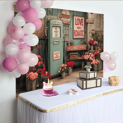 Lofaris Toile de fond de photographie rue fleurie vintage avec pompe à essence et roses, arrière-plan pour studio et événements