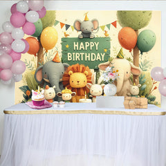 Lofaris Toile de fond joyeux anniversaire animaux de la jungle dessin animé, décor de fête pour enfants avec ballons et gâteau