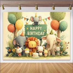 Lofaris Toile de fond joyeux anniversaire animaux de la jungle dessin animé, décor de fête pour enfants avec ballons et gâteau
