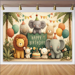 Lofaris Toile de fond anniversaire safari jungle animaux mignons et ballons, décor de fête avec gâteau et chapeaux, parfait pour studio photo