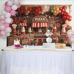 Lofaris Toile de fond pour anniversaire pizza avec ballons rouges et verts, décor de fête rustique avec gâteaux et chapeaux