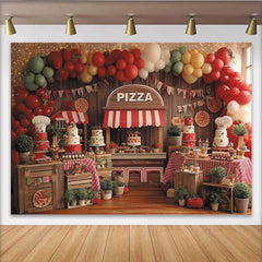 Lofaris Toile de fond pour anniversaire pizza avec ballons rouges et verts, décor de fête rustique avec gâteaux et chapeaux