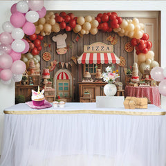 Lofaris Toile de fond rustique pizza pour anniversaire avec stand, chef et ballons rouges et crème, décor de fête pour enfants