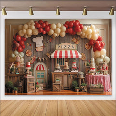 Lofaris Toile de fond rustique pizza pour anniversaire avec stand, chef et ballons rouges et crème, décor de fête pour enfants