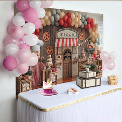 Lofaris Toile de fond pour anniversaire pizza avec ballons et devanture de pizzeria, arrière-plan de fête rustique pour studio photo