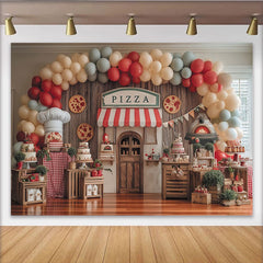 Lofaris Toile de fond pour anniversaire pizza avec ballons et devanture de pizzeria, arrière-plan de fête rustique pour studio photo