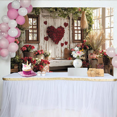 Lofaris Toile de fond romantique Saint-Valentin avec cœurs et roses rouges, décor floral en bois shabby chic pour séance photo