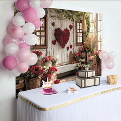 Lofaris Toile de fond romantique Saint-Valentin avec cœurs et roses rouges, décor floral en bois shabby chic pour séance photo