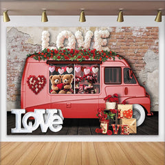 Lofaris Toile de fond Saint-Valentin camion rose avec ours en peluche et roses rouges, magnifique décor pour couple et photographie romantique