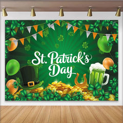 Lofaris Toile de fond verte Saint-Patrick avec trèfles chapeau et or, arrière-plan festif pour célébration irlandaise et photographie