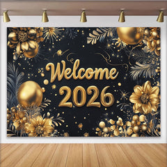 Lofaris Toile de fond pour la nouvelle année avec fleurs dorées et texte welcome 2026, élégant décor festif pour soirée