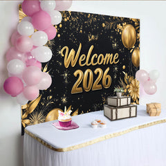 Lofaris Toile de fond noire et or pour le Nouvel An avec ballons et fleurs, élégant décor festif pour studio photo et célébration