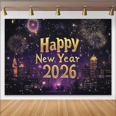 Lofaris Toile de fond du Nouvel An avec ville illuminée et lumières dorées, magnifique décor violet scintillant pour fête
