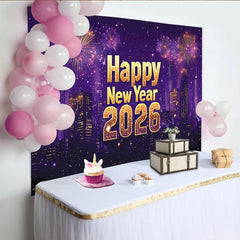 Lofaris Toile de fond violette Nouvel An 2026 avec feux d'artifice et ville, magnifique décor de fête pour célébration et studio photo