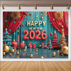 Lofaris Toile de fond festive Nouvel An rouge et or avec sapins et étoiles, magnifique arrière-plan de fête pour célébration d'hiver