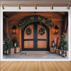Lofaris Toile de fond de Noël rustique avec guirlande lumineuse et sapins, magnifique décor d'hiver pour studio photo et ambiance chalet