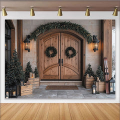 Lofaris Toile de fond de noël avec porte en bois rustique et couronnes, décor festif pour séance photo hivernale