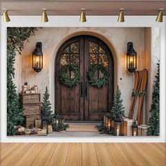 Lofaris Toile de fond de Noël rustique avec porte en bois et couronnes, arrière-plan festif d'hiver pour studio photo