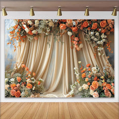 Lofaris Toile de fond de photographie florale élégante avec rideaux drapés et roses, arrière-plan romantique pour mariage