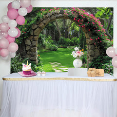 Lofaris Toile de fond de photographie jardin fleuri avec arche de pierre et roses roses, magnifique arrière-plan pour studio photo et portrait