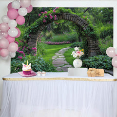 Lofaris Toile de fond de photographie jardin avec arche en pierre et fleurs roses, décor naturel pour portrait et séance photo