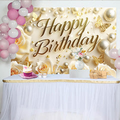 Lofaris Toile de fond pour anniversaire avec roses cremes et perles dorees, elegant decor de fete pour celebration