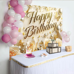Lofaris Toile de fond pour anniversaire avec roses cremes et perles dorees, elegant decor de fete pour celebration