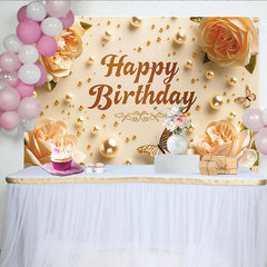 Lofaris Toile de fond joyeux anniversaire avec roses et perles dorées, magnifique décor de fête pour séance photo