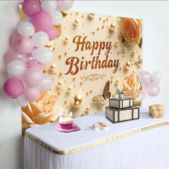 Lofaris Toile de fond joyeux anniversaire avec roses et perles dorées, magnifique décor de fête pour séance photo