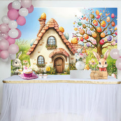 Lofaris Toile de fond pour pâques avec maison champêtre et lapins, décor printanier coloré pour séance photo