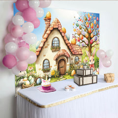 Lofaris Toile de fond pour pâques avec maison champêtre et lapins, décor printanier coloré pour séance photo