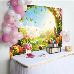 Lofaris Toile de fond de Pâques avec lapin, œufs et tulipes printanières, magnifique arrière-plan fleuri pour studio photo