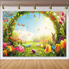 Lofaris Toile de fond de Pâques avec lapin, œufs et tulipes printanières, magnifique arrière-plan fleuri pour studio photo