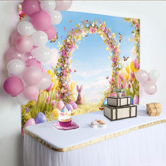 Lofaris Toile de fond de Pâques printanière avec arche florale et lapins, arrière-plan joyeux pour célébration de printemps et séance photo