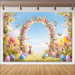 Lofaris Toile de fond de Pâques printanière avec arche florale et lapins, arrière-plan joyeux pour célébration de printemps et séance photo