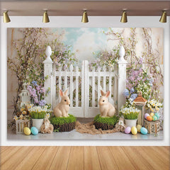 Lofaris Toile de fond de Pâques printanière avec lapins et fleurs pastel, charmant décor de jardin pour studio photo et événement