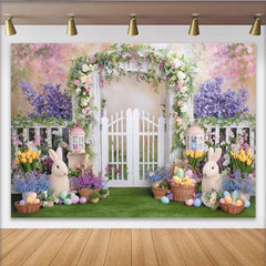 Lofaris Toile de fond de Pâques jardin printanier avec lapins, arrière-plan pour séance photo et décoration de fête printanière