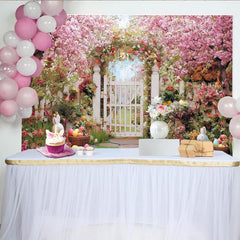 Lofaris Toile de fond de Pâques printanière avec fleurs roses et œufs colorés, magnifique décor de jardin pour séance photo et célébration