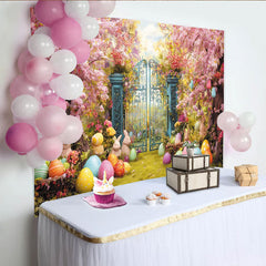 Lofaris Toile de fond de Pâques jardin fleuri, œufs colorés et lapins, magnifique décor printanier pour séance photo et fête