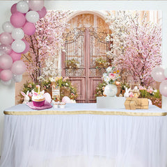 Lofaris Toile de fond de Pâques avec porte rustique et cerisiers en fleurs, décor printanier pour séance photo